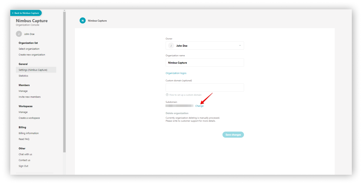 Click on Change to change the subdomain of the organization